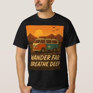 camper met zonsondergang en avontuurlijke quote t-shirt