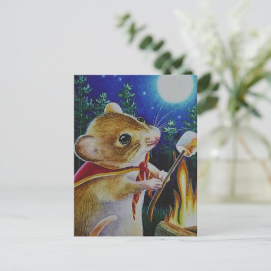 Camper Mouse Roasting Marshmallows Waterverf Art Briefkaart (Staand voorkant)