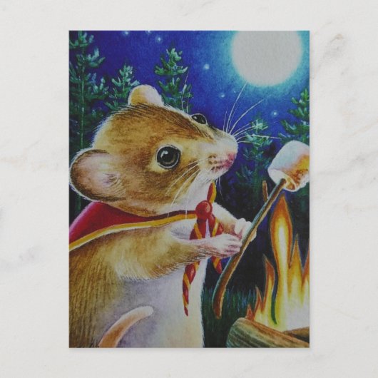 Camper Mouse Roasting Marshmallows Waterverf Art Briefkaart (Voorkant)