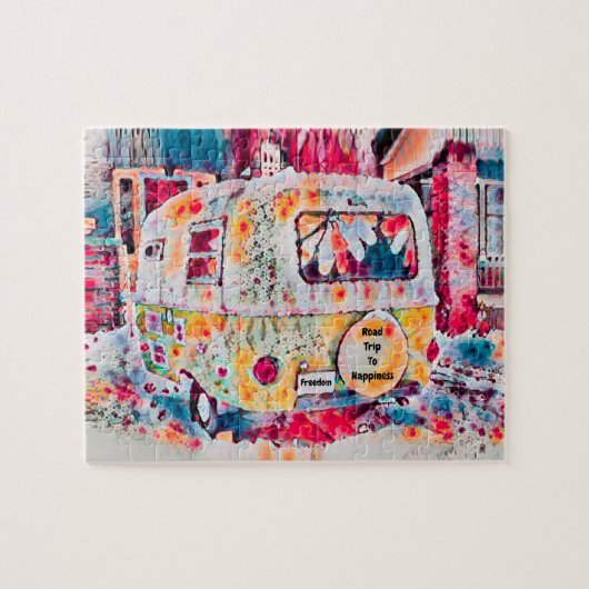 Camper Retro Hippie Road maakt geluk op vrijheid Legpuzzel (Horizontaal)