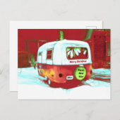 Camper Retro met kerstrood-groene  feestdag Briefkaart (Voorkant / Achterkant)