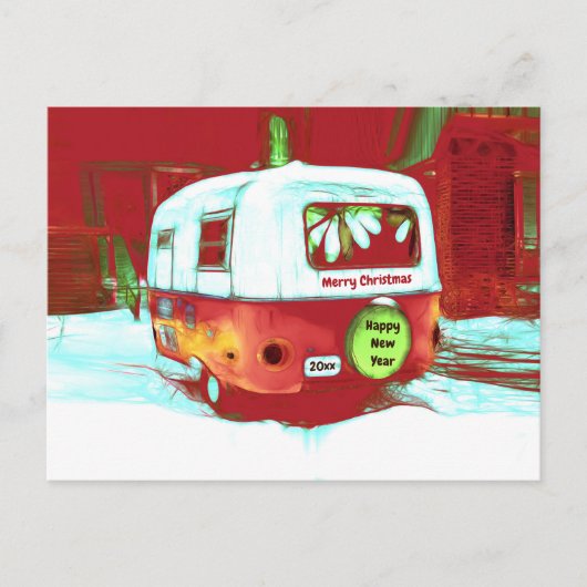 Camper Retro met kerstrood-groene  feestdag Briefkaart (Voorkant)