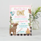 Camper Roze Buffalo Plaid 1e Verjaardag Camping Kaart (Staand voorkant)