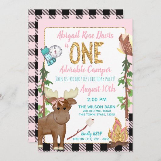 Camper Roze Buffalo Plaid 1e Verjaardag Camping Kaart (Voorkant / Achterkant)