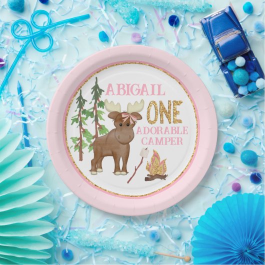 Camper Roze Buffel 1e Verjaardag met Moose Papieren Bordje (Feest)