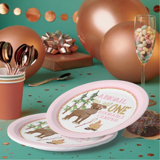 Camper Roze Buffel 1e Verjaardag met Moose Papieren Bordje (Multi)