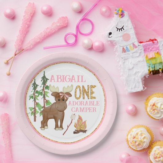 Camper Roze Buffel 1e Verjaardag met Moose Papieren Bordje (Feest)
