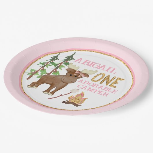 Camper Roze Buffel 1e Verjaardag met Moose Papieren Bordje (Gekanteld)