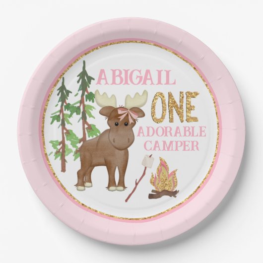 Camper Roze Buffel 1e Verjaardag met Moose Papieren Bordje (Voorkant)