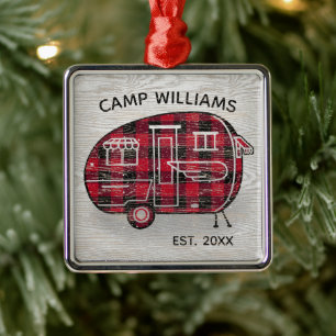 Camper Rustic Red Buffalo Pset Monogram Holiday Metalen Ornament
