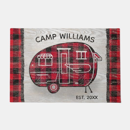 Camper Rustic Red Buffalo Pset Monogram Naam Deurmat (Voorkant)