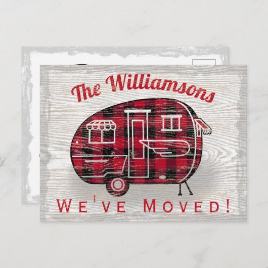 Camper rustieke rode zwarte buffel geruite verplaa aankondigingskaart (Voorkant / Achterkant)