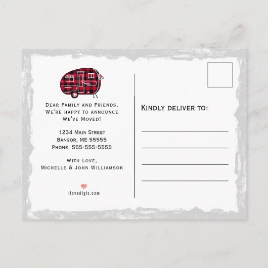 Camper rustieke rode zwarte buffel geruite verplaa aankondigingskaart (Achterkant)