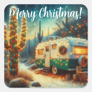  Camper Saguaro Cactus Kerstblauw Groen Vierkante Sticker
