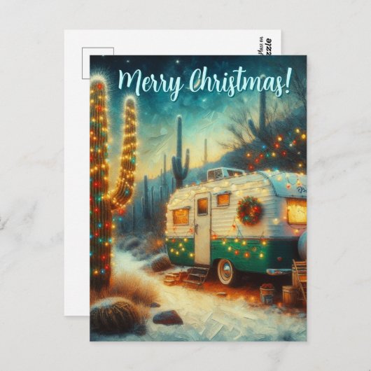 Camper Saguaro Cactus Kerstwoestijn Briefkaart (Voorkant / Achterkant)