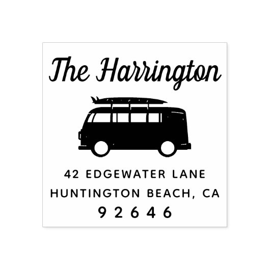 Camper Surfboard Familienaam Retouradres Rubberstempel (Afrduk)