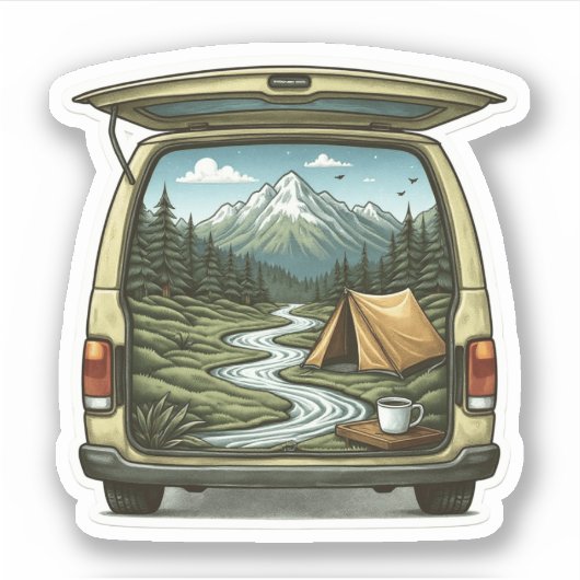 Camper Van Forest Vinyl Sticker | Die Cut Sticker (Voorkant)