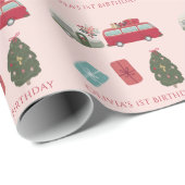 Camper Van Kerst Roze Meisje 1e Verjaardag Cadeaupapier (Rol Hoek)