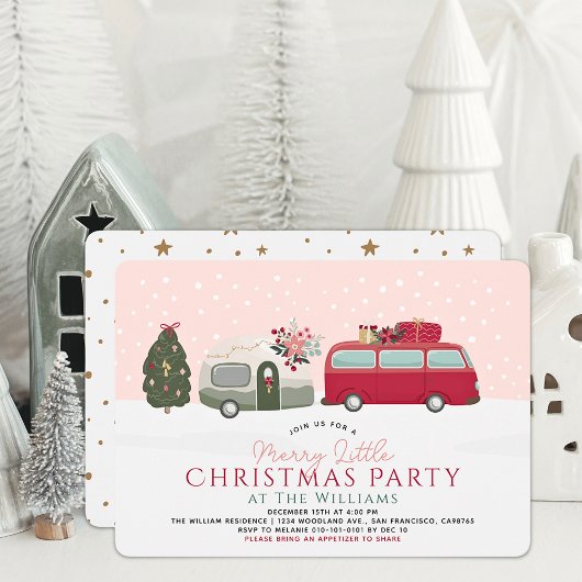 Camper Van Pink Merry Little Christmas Party Kaart