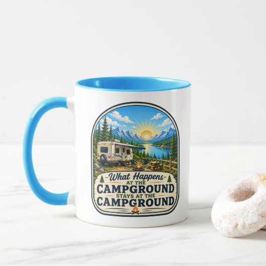Campers Coffee Mug Wat gebeurt er op de camping! Mok (Met donut)