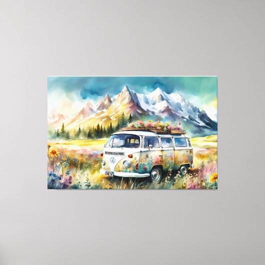 Campervan Bliss Retro Campervan in de bergen Canvas Afdruk (Voorkant)