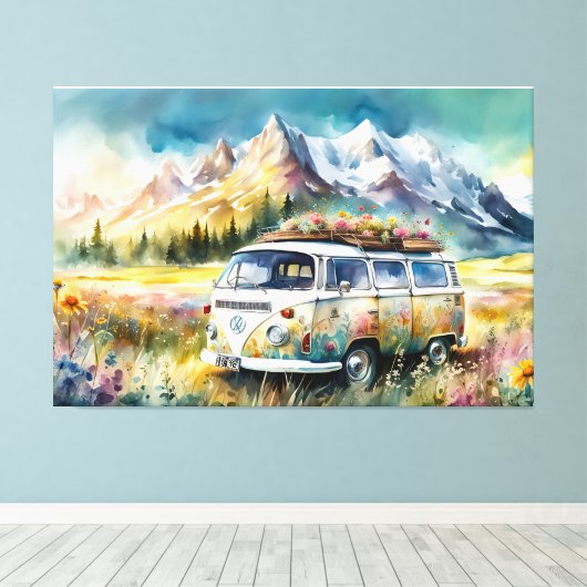 Campervan Bliss Retro Campervan in de bergen Canvas Afdruk (Insitu (Houten vloer))