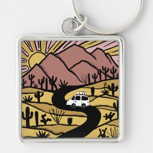 Campervan Desert Mountains Vanlife RV Sunrise Sleutelhanger (Voorkant)