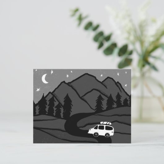 Campervan Mountains Vanlife RV Moon B&W Briefkaart (Staand voorkant)
