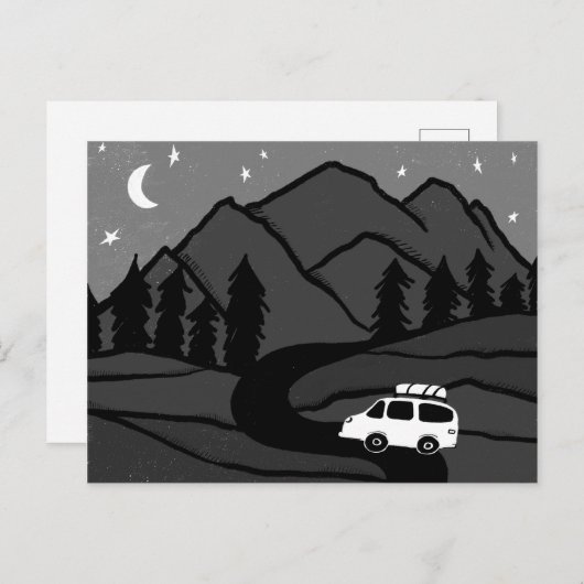 Campervan Mountains Vanlife RV Moon B&W Briefkaart (Voorkant / Achterkant)