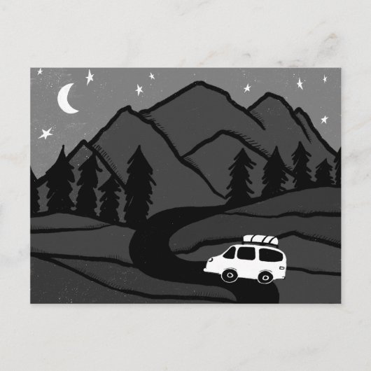 Campervan Mountains Vanlife RV Moon B&W Briefkaart (Voorkant)