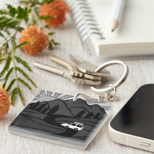 Campervan Mountains Vanlife RV Sunrise Sleutelhanger (Voorkant Rechts)