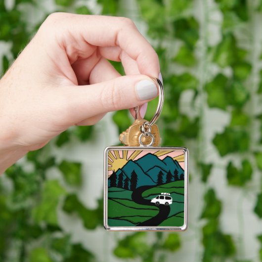 Campervan Mountains Vanlife RV Sunrise Sleutelhanger (Hand)