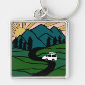 Campervan Mountains Vanlife RV Sunrise Sleutelhanger (Voorkant)