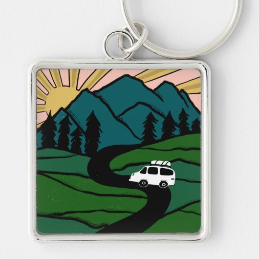 Campervan Mountains Vanlife RV Sunrise Sleutelhanger (Voorkant)