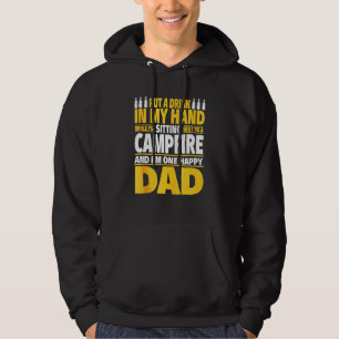Campfire and Drink in hand Happy Camping Dad Hoodie
