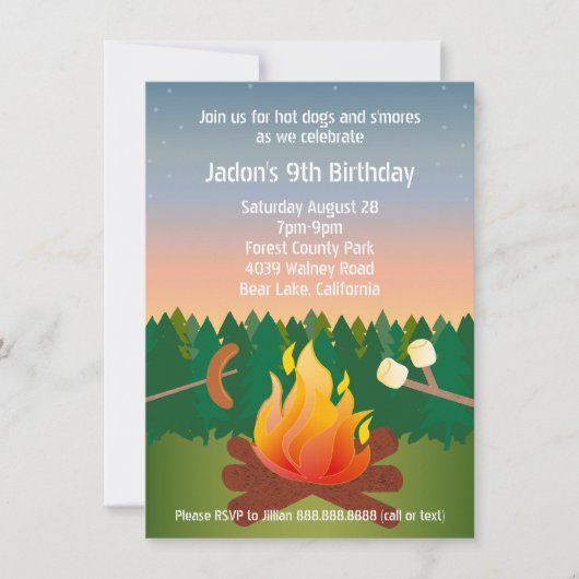 Campfire Birthday party van Hot Dogs en Smores Kaart (Voorkant)