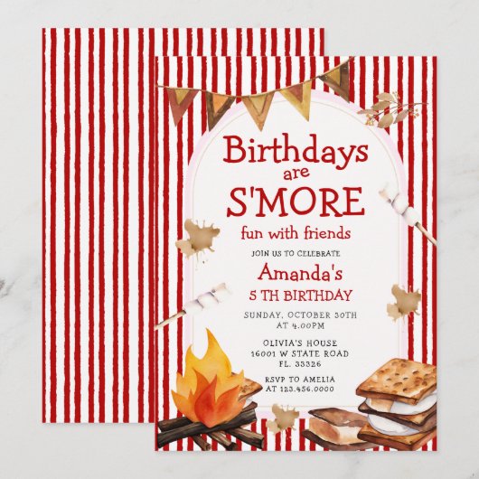 Campfire Red Stripes Birthday are S'mores Fun Kaart (Voorkant / Achterkant)