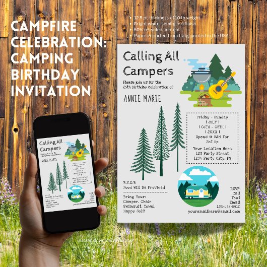 Campfire Viering: Camping Verjaardag Uitnodiging