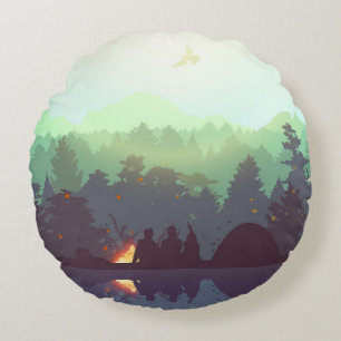 Camping Avontuur Bos Berg Illustratie Rond Kussen