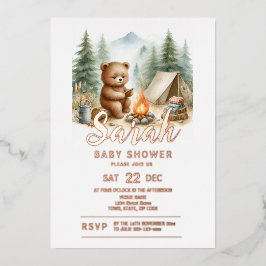 Camping Baby Beer in het Bossen Baby shower Folie Uitnodiging