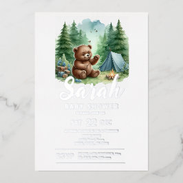 Camping Baby Beer in het Bossen Baby shower Folie Uitnodiging