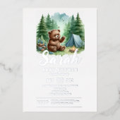 Camping Baby Beer in het Bossen Baby shower Folie Uitnodiging (Voorkant)