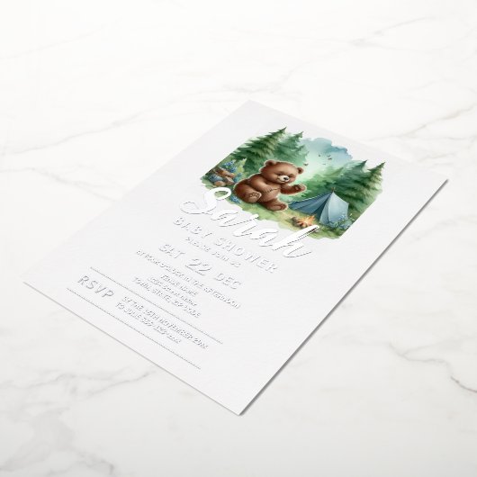 Camping Baby Beer in het Bossen Baby shower Folie Uitnodiging (Gedraaid)