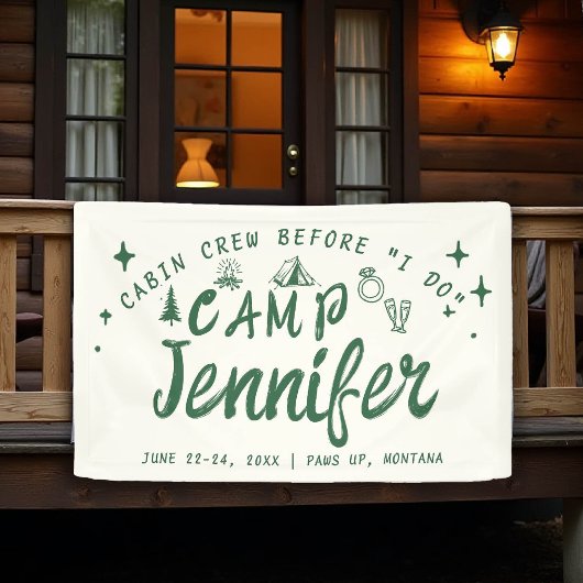 Camping Bachelorette Hut Crew I Do Groen Handgetek Spandoek