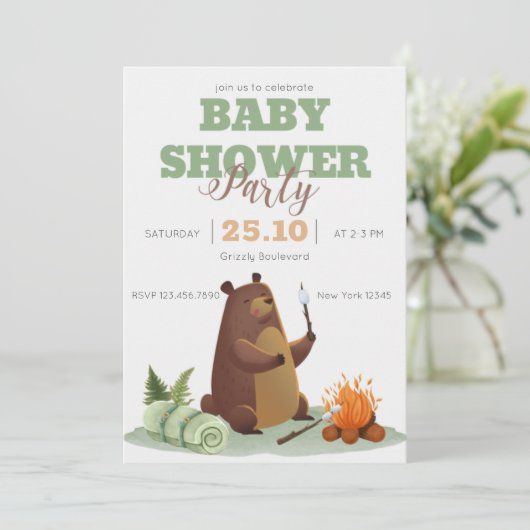 Camping Beer Bonfire Baby shower Invitation Kaart (Staand voorkant)
