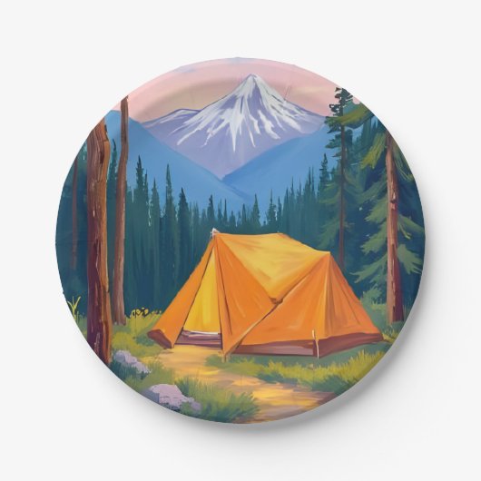 Camping Berg Aquarel Schildering Papieren Bordje (Voorkant)