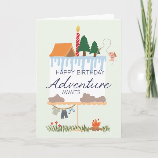 Camping Birthday Card: Adventure Awaits, Outdoorsy Kaart (Voorkant)