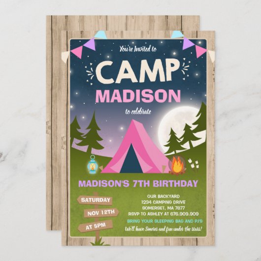 Camping Birthday Invitation Camp Out Party Kaart (Voorkant / Achterkant)