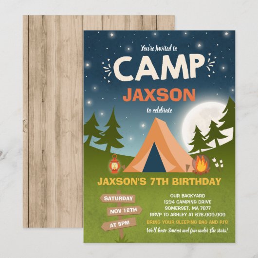 Camping Birthday Invitation Camp Out Party Kaart (Voorkant / Achterkant)