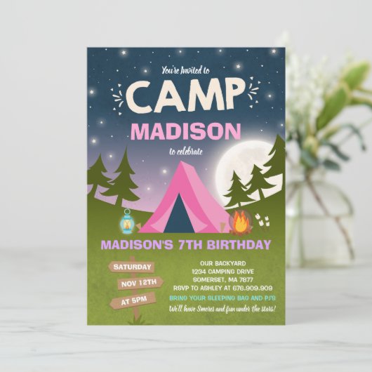 Camping Birthday Invitation Camp Out Party Kaart (Staand voorkant)
